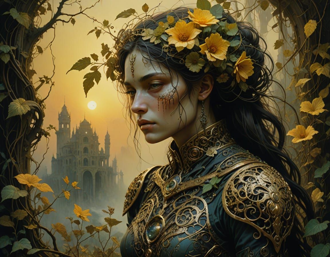 Cyborg Baroque Beauty Lost in Thought, Bio-Luminescent Flowe...