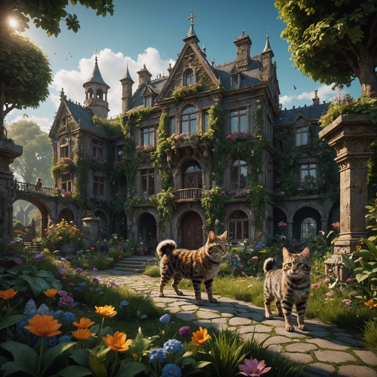 Cat with Kittens in Garden: Detailed Matte Painting