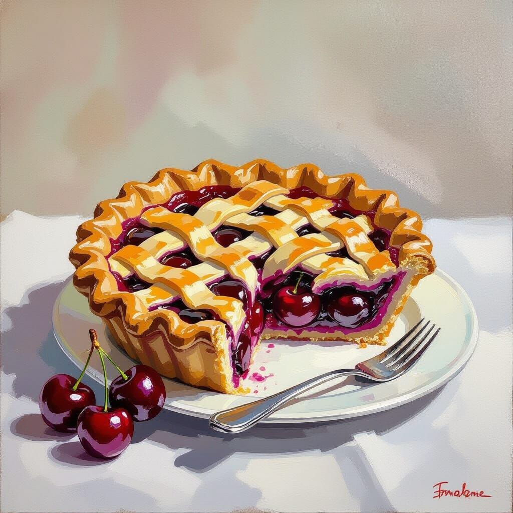Classic Oil Painting of a Cherry Pie Still Life