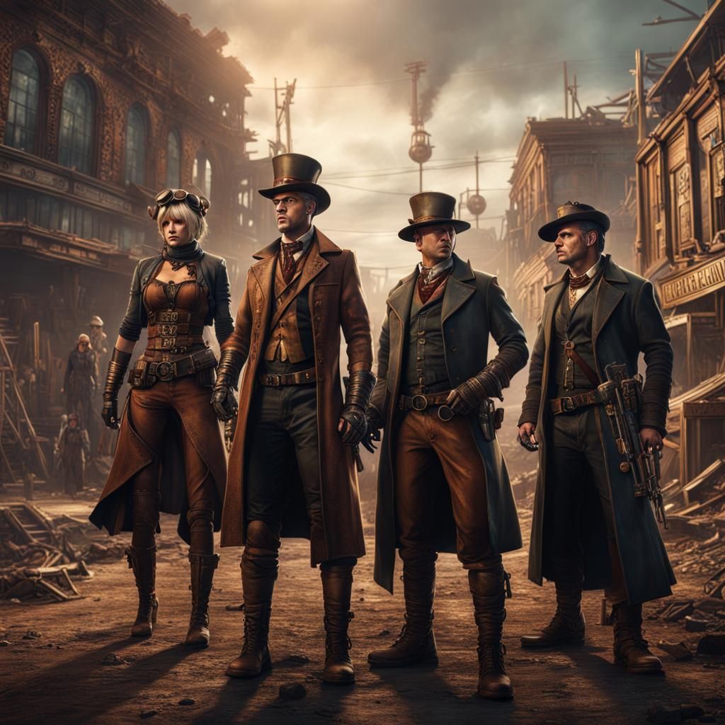 Steampunk Group in Post-Apocalyptic Town