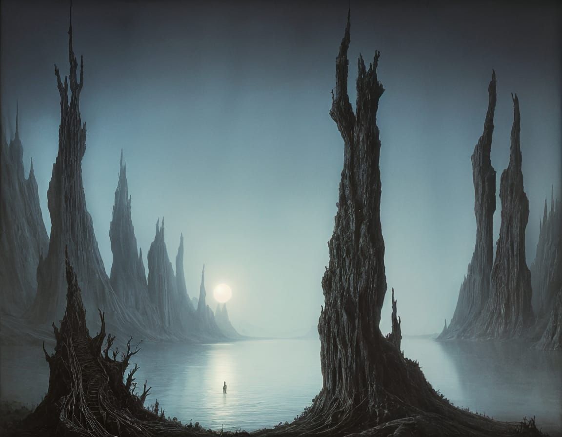 Surreal Lake at Night: A Giger-Inspired Painting