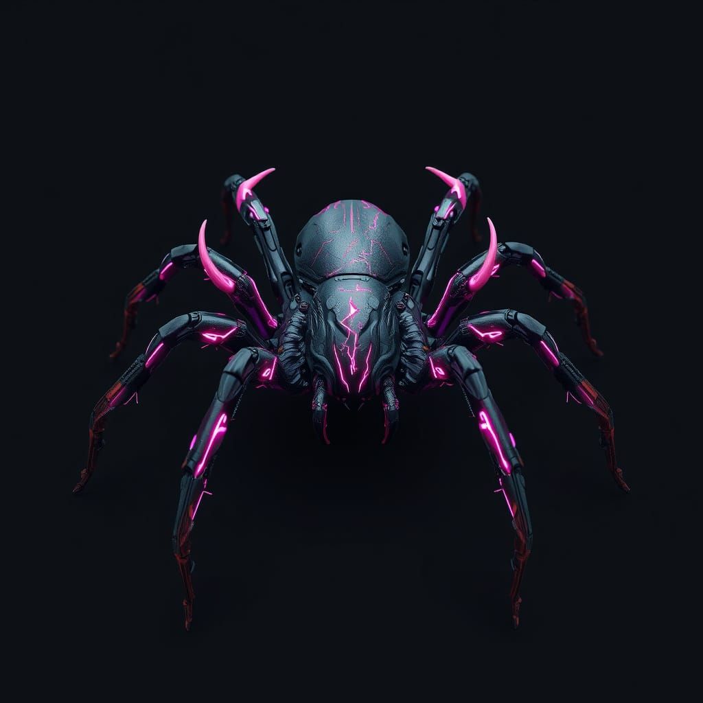 dark spider, 3d model style, with webbed feet, covered with pinkish thunder tattoos, pinkish horns randomly covering it