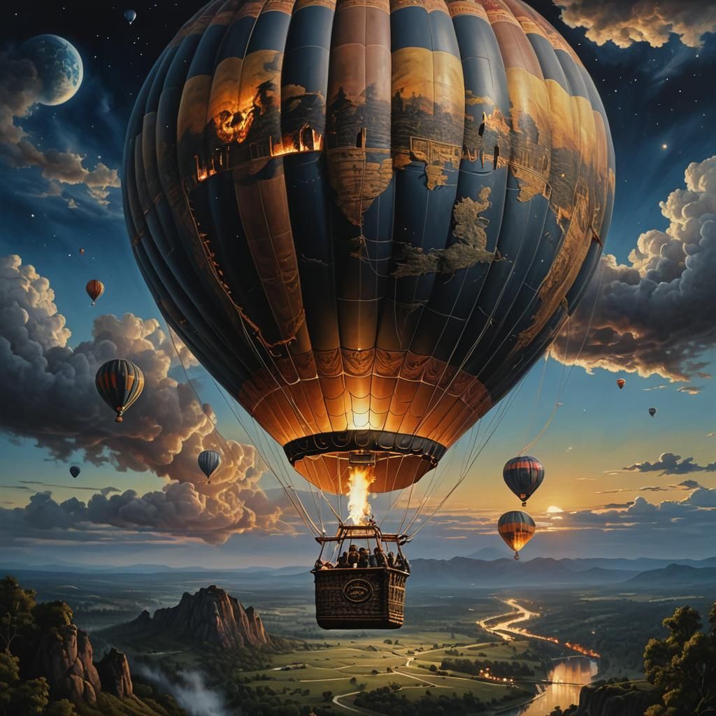 Earth Hot Air Balloon at Night in Oil Painting Style