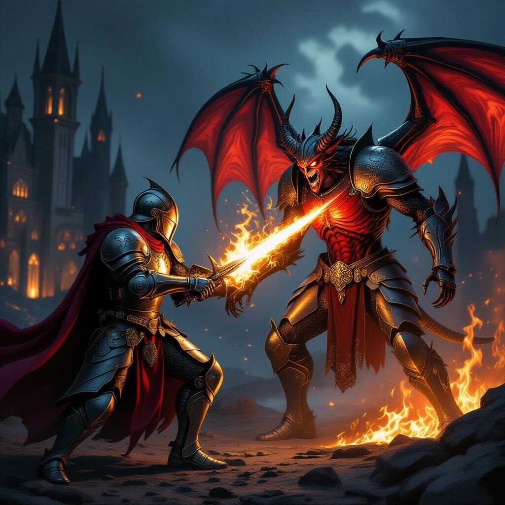 Robot Knight vs Fiery Demon in Gothic Landscape