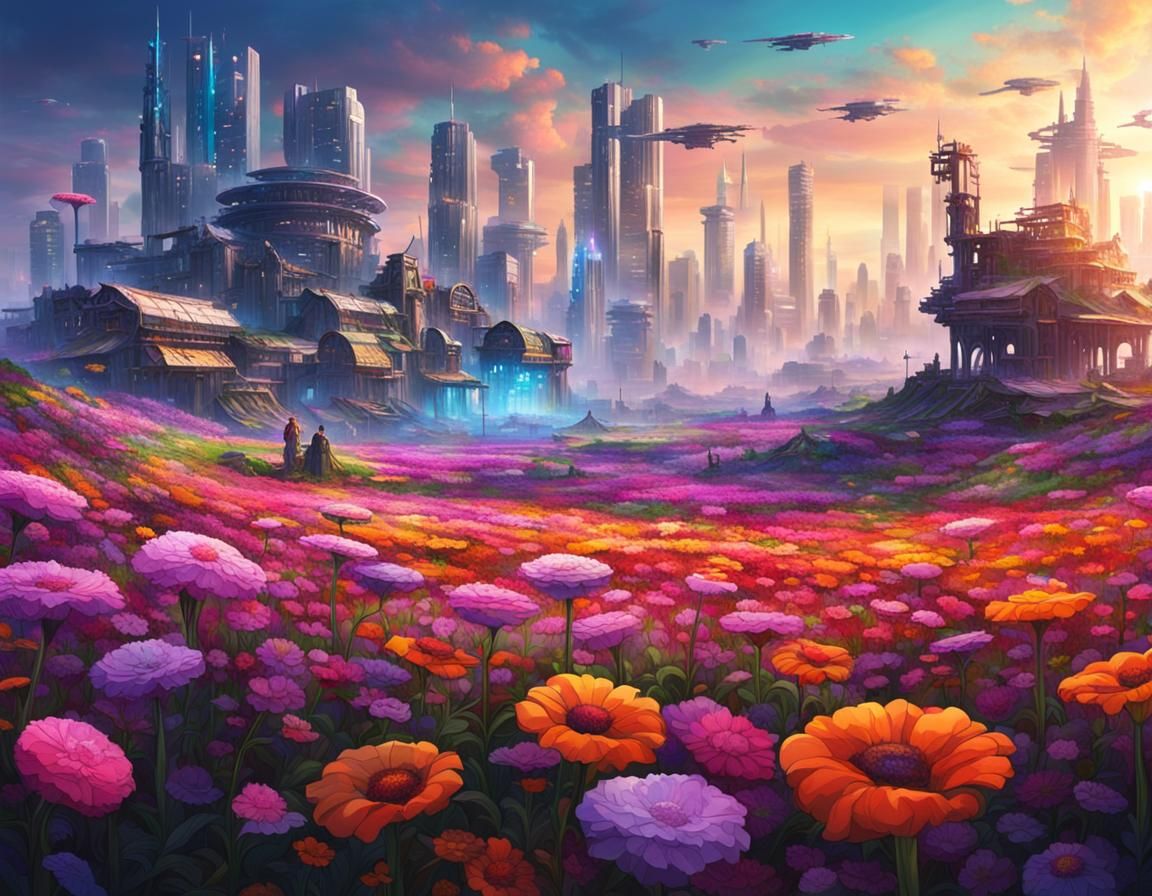 Cyberpunk City Meets Colorful Flower Field
