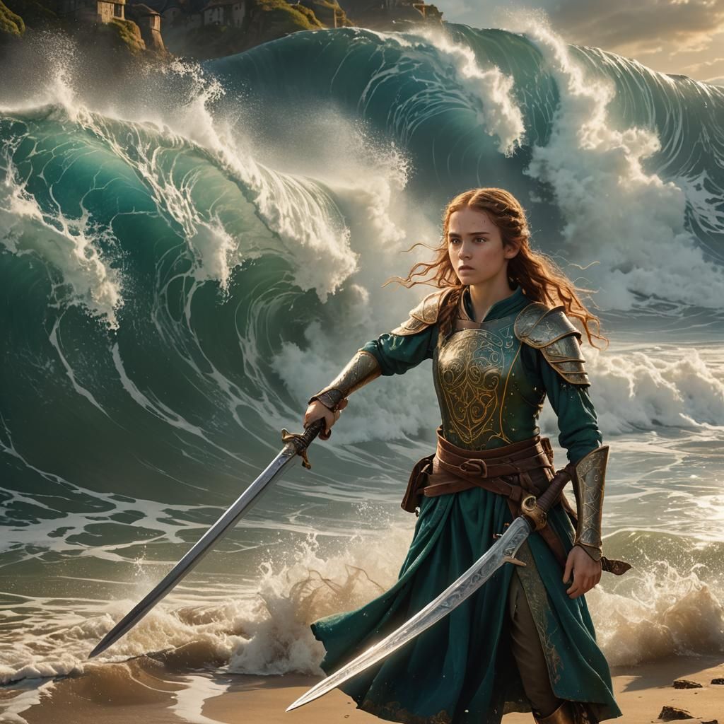 Half-Elf Girl Facing Tsunami: Fantasy Concept Art