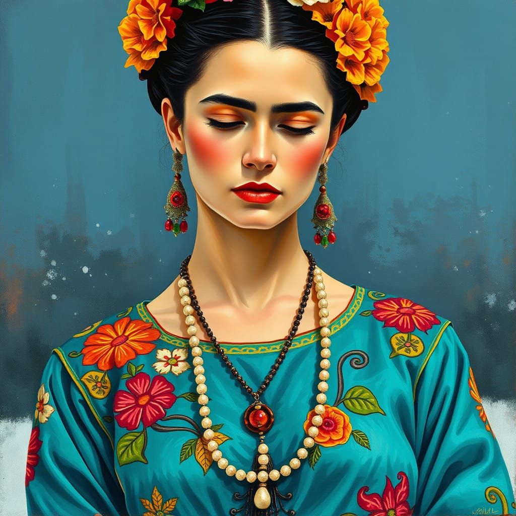 Vibrant Young Woman in Frida Kahlo Inspired Mexican Attire