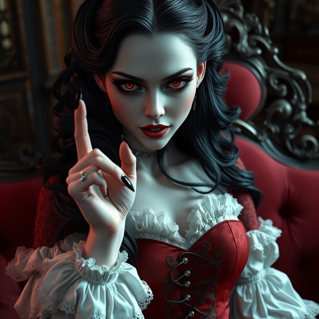 A vampire lady of stunning beauty. She is very pale. Black halo-like eyeshadow. She is hauntingly beautiful. She has mor...
