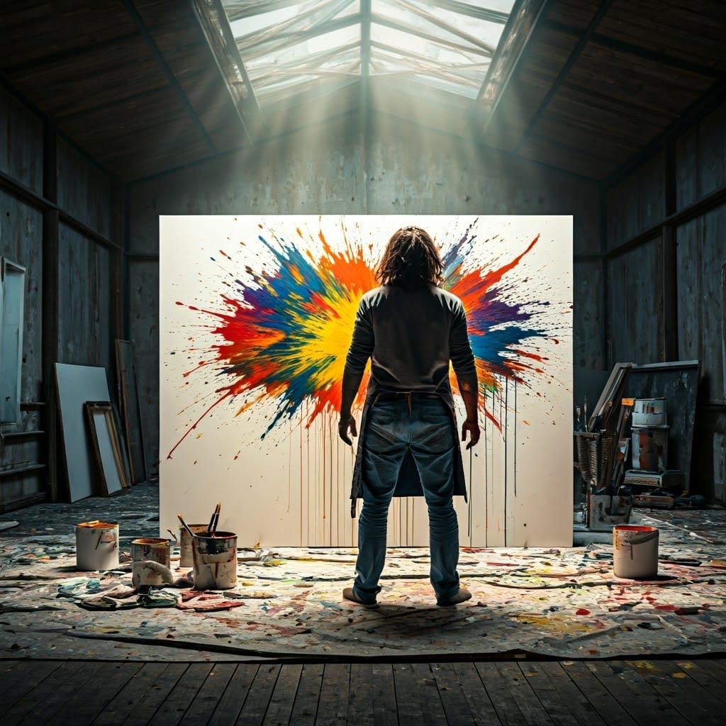 Abstract Artist Unleashes Vibrant Masterpiece in Pollock-esq...