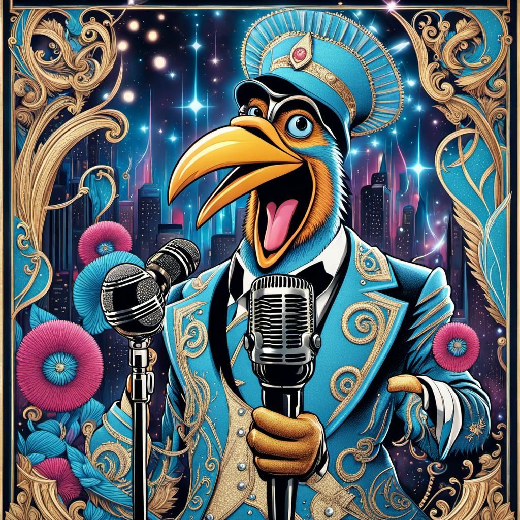 Anthropomorphic Bird Comedian on Broadway Stage