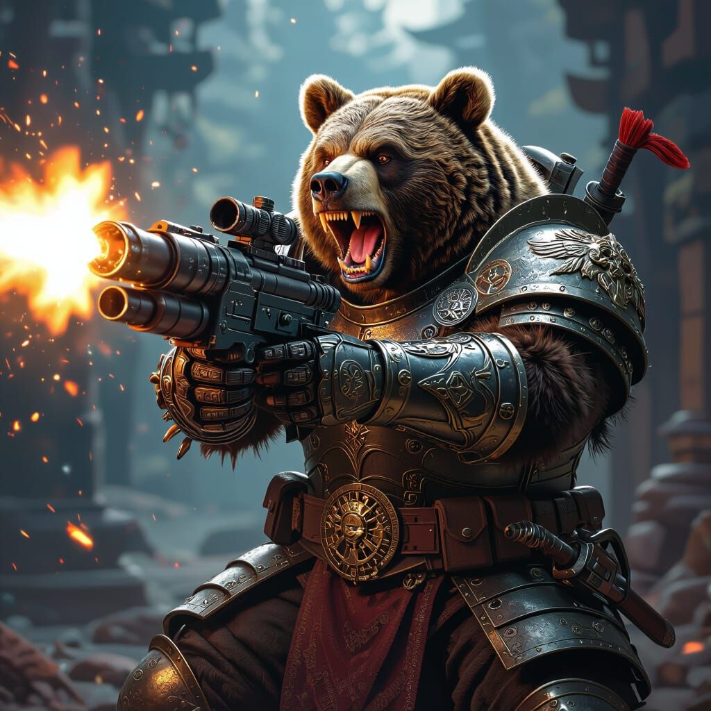 Grizzly Bear Warrior Fires Minigun in Epic Fantasy Art