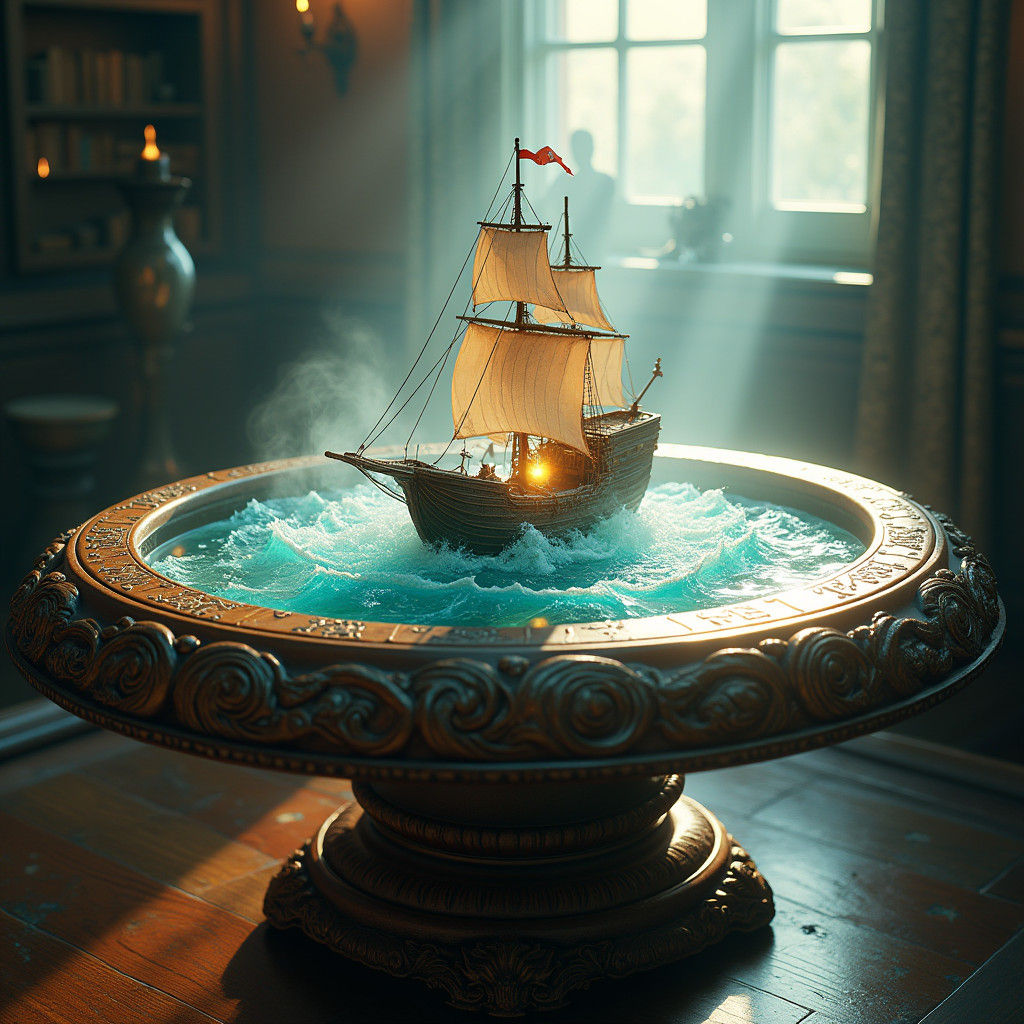 Sailing Ship in Soup Bowl on Ornate Table