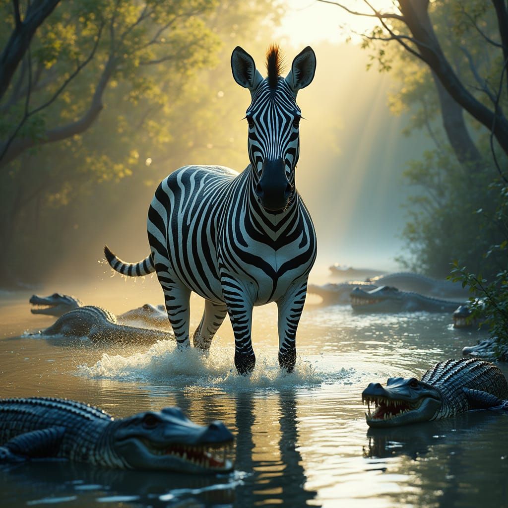 Majestic Zebra Frozen in River, Surrounded by Waiting Alliga...