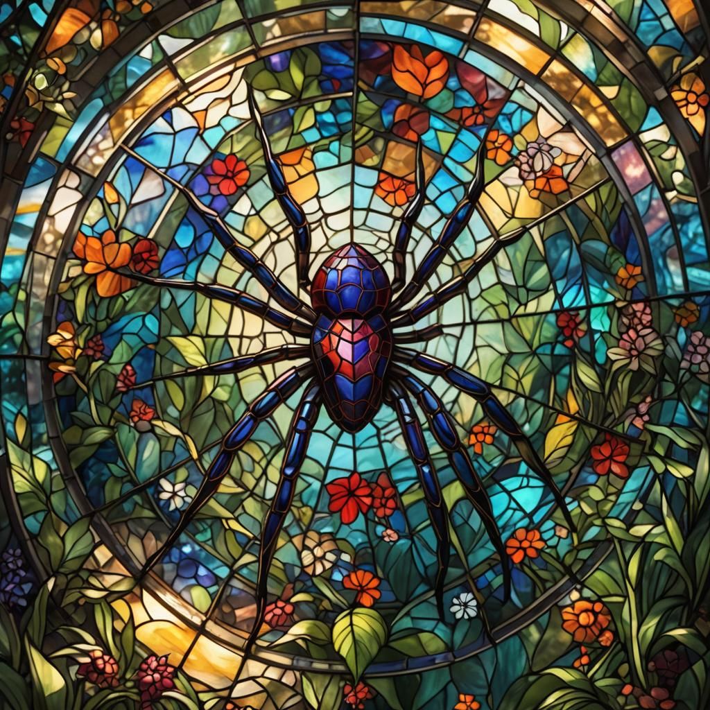 Colorful Stained Glass Spider in Glowing Garden