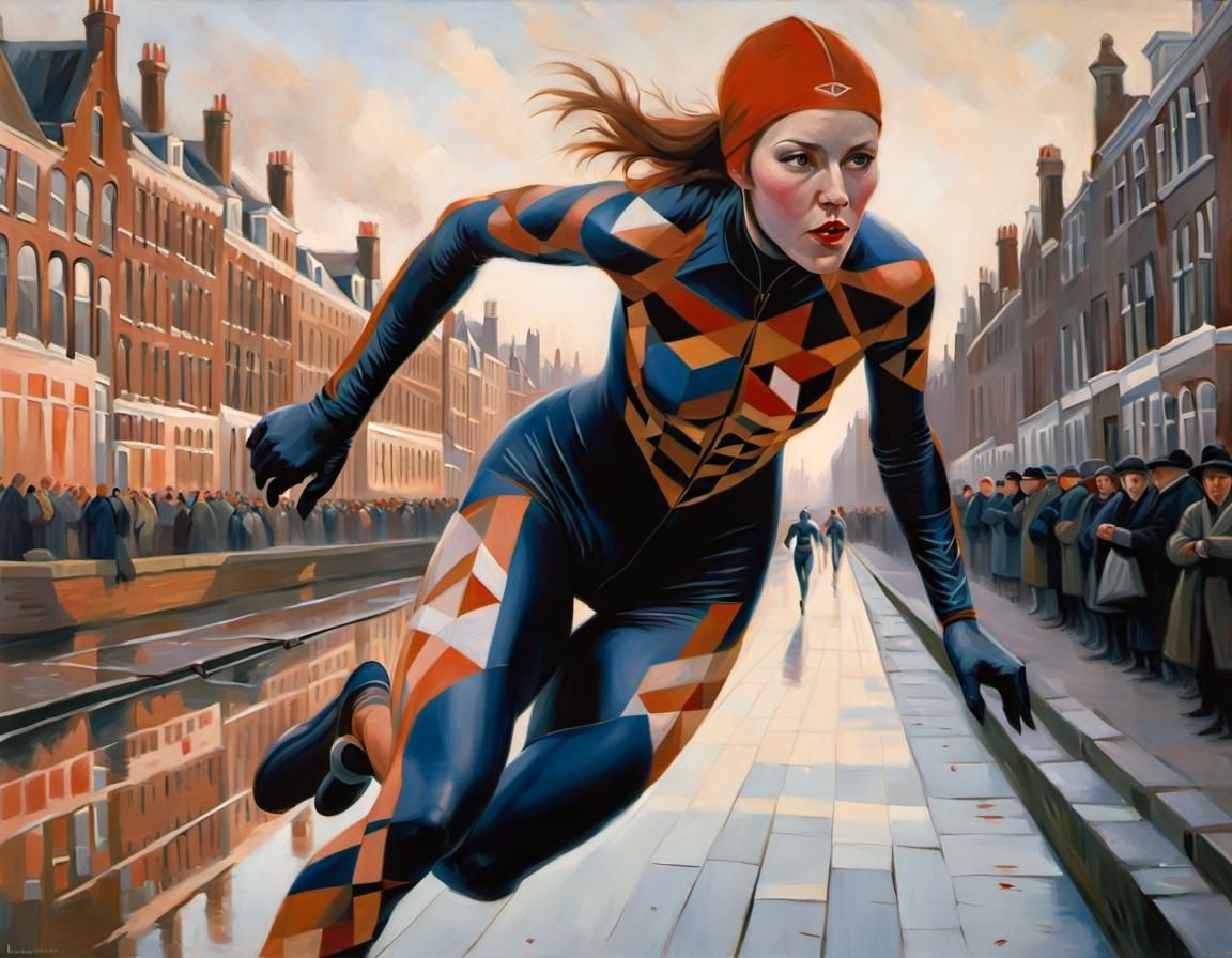 Female Skater in Frozen Canal Oil Painting