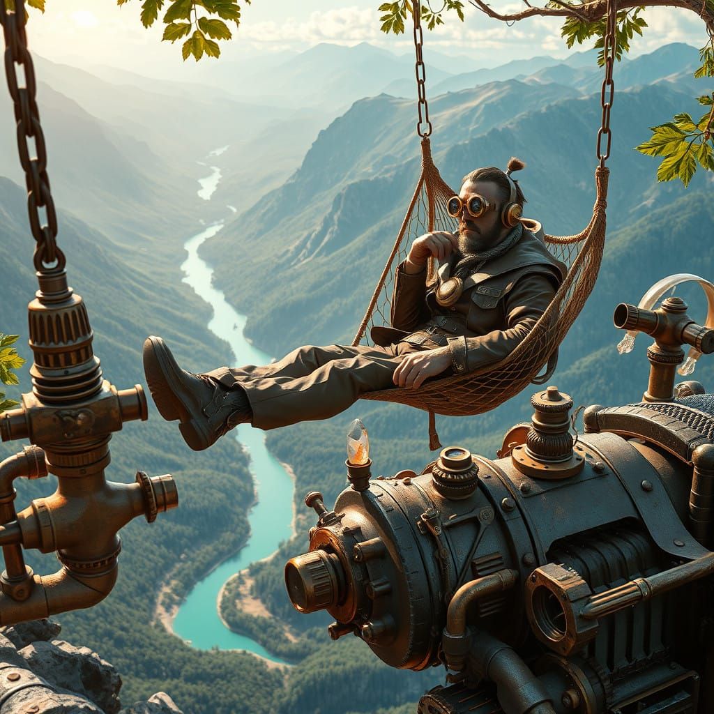 Steampunk Inventor Reclines in Hammock Over Majestic Mountai...