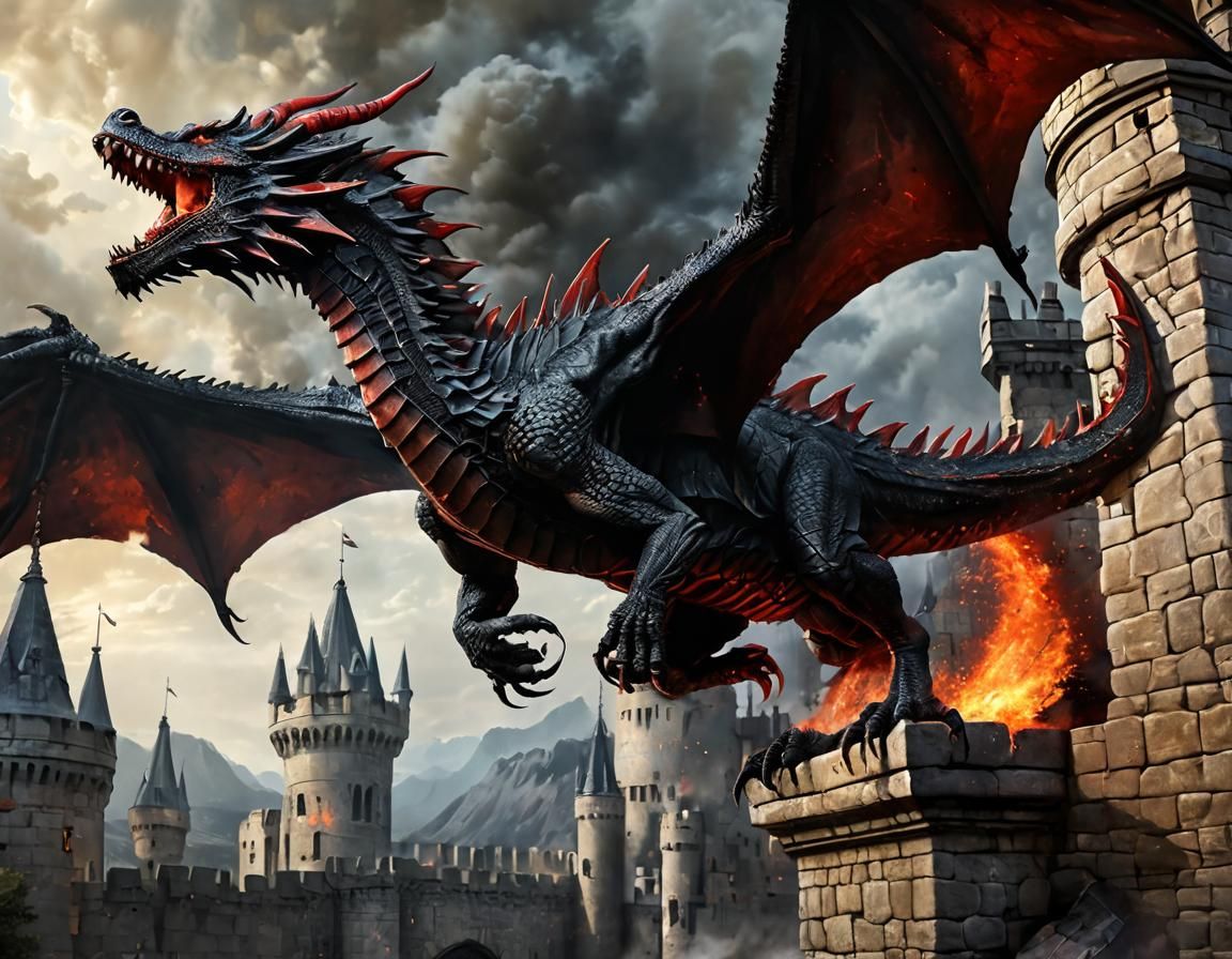 Black Dragon Breathing Fire: Oil Painting