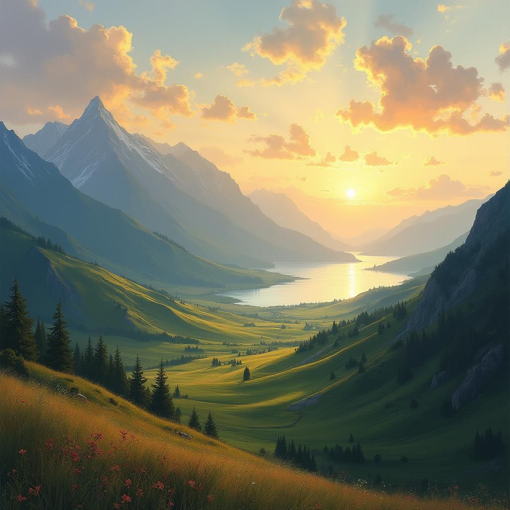 Serene Mountain Landscape in Impressionist Style