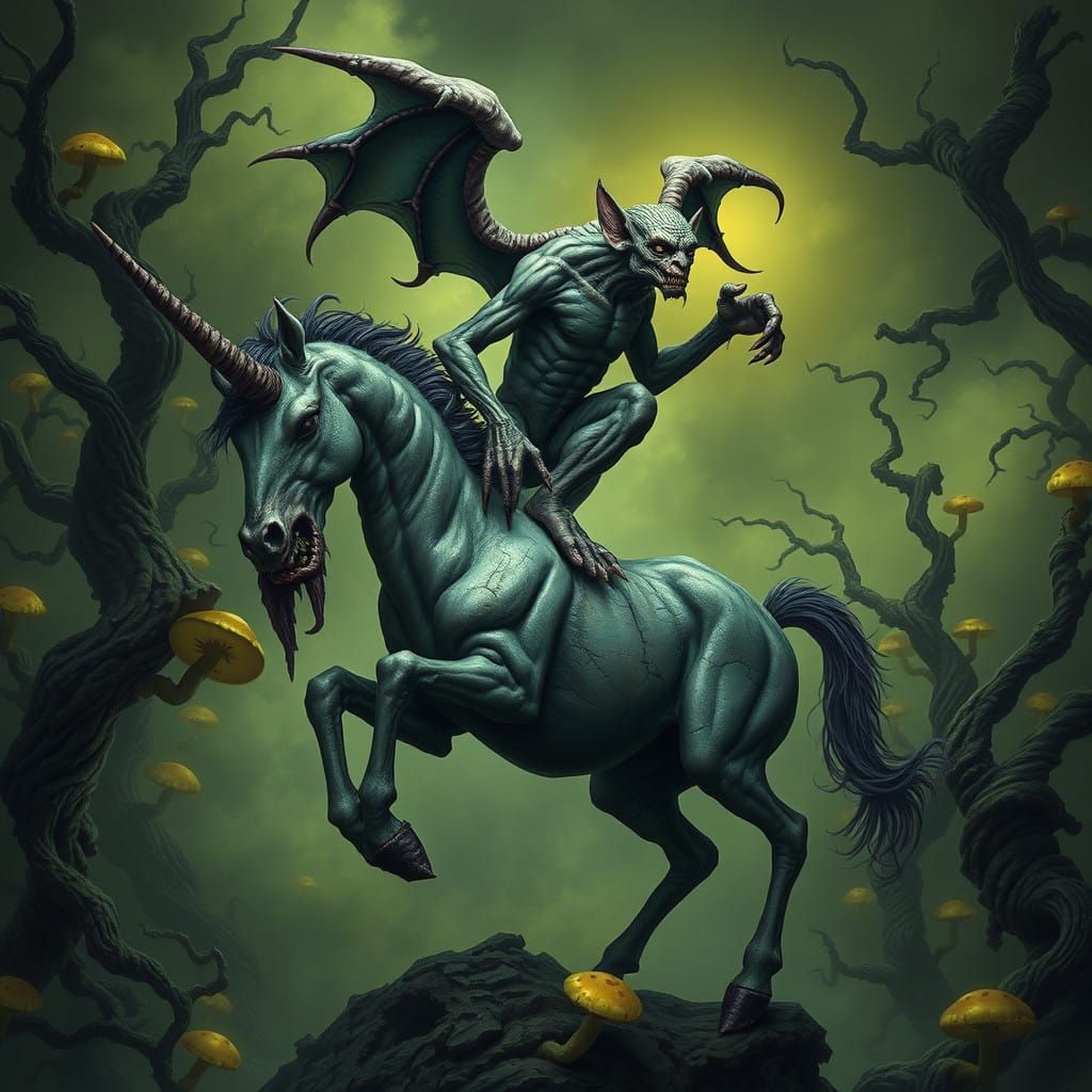 Dark Fantasy Gargoyle Sits atop a Mutated Unicorn in a Twist...