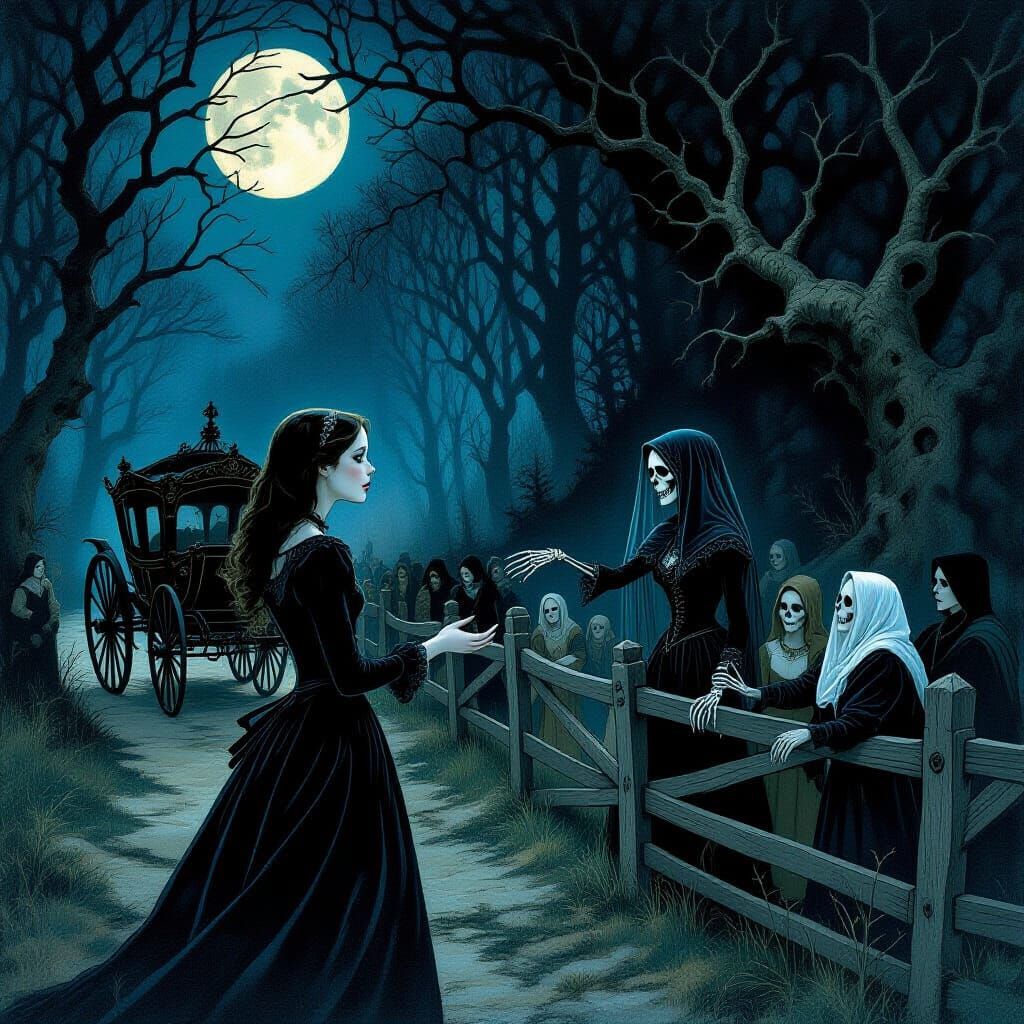 Dark Fairytale: Woman Accepts Skeletal Driver's Hand