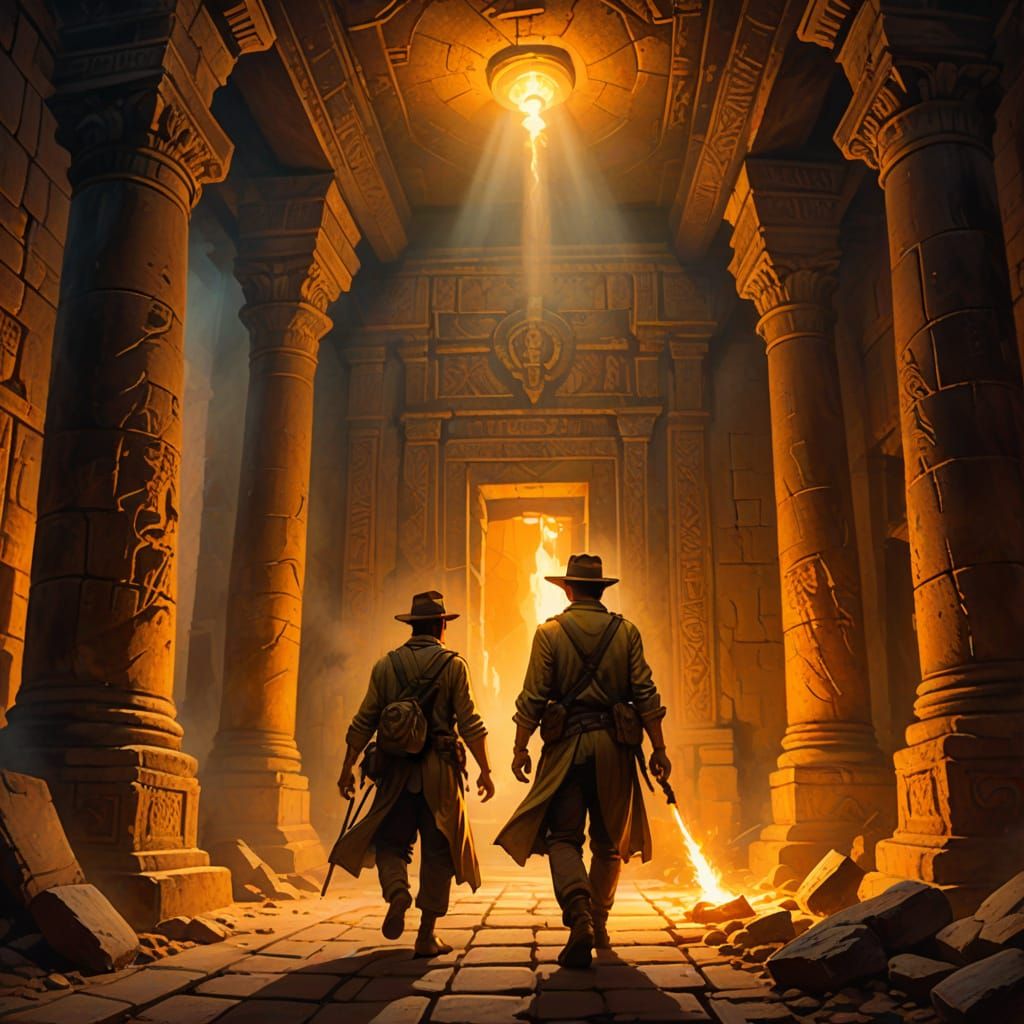 Explorer in Ancient Temple: Oil Painting Concept Art