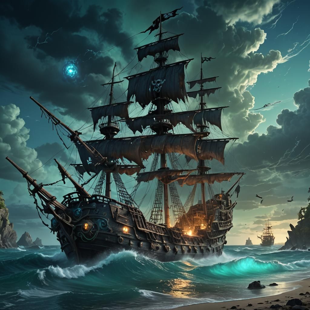 Zombie Pirate on Cove with Floating Ship