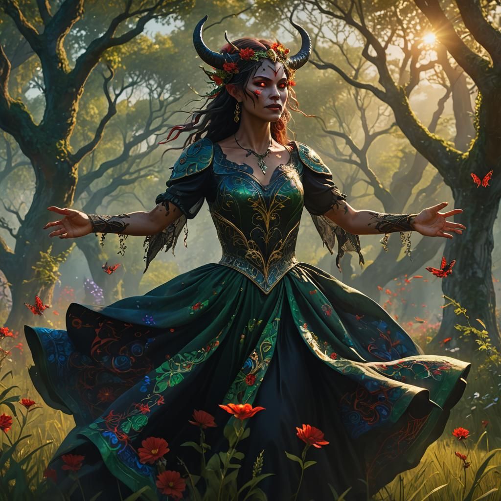 Demoness Dancing in Lush Field: Fantasy Concept Art