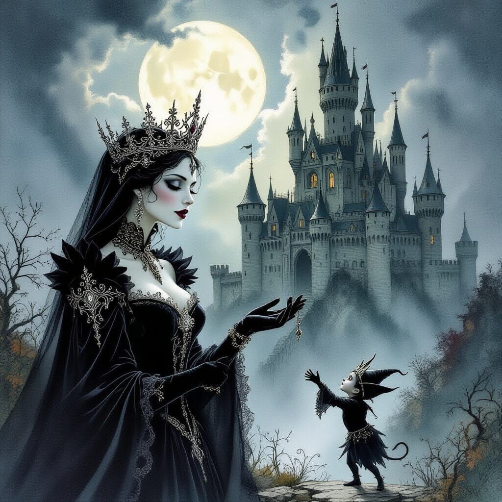 Gothic Queen's Crown Threatened by Mischievous Imp