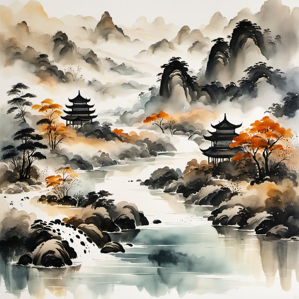 Muted Chinese Ink River Scene