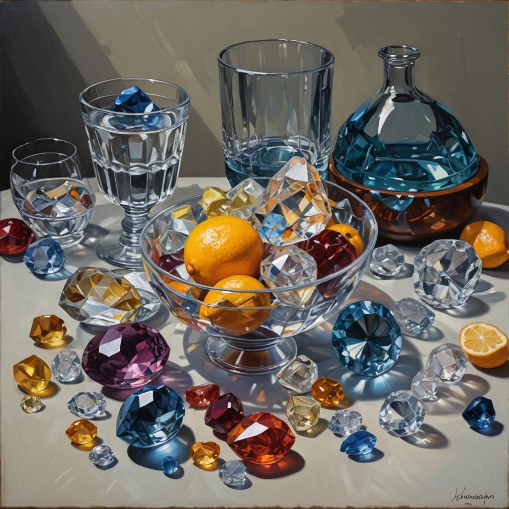 Crystal Still Life in Complementary Colors, Oil Painting