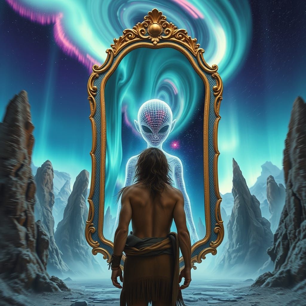 Neanderthal Stares into Mirror Reflecting Space Alien