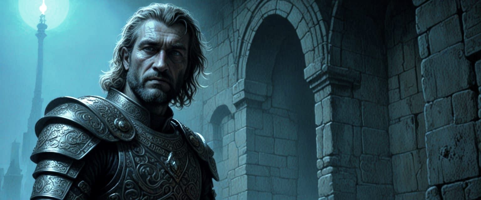 Medieval King Illuminates Castle Hallway with Torchlight