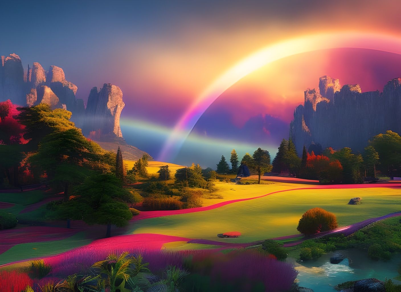 Rainbow Over Mountain Landscape: Detailed Matte Painting