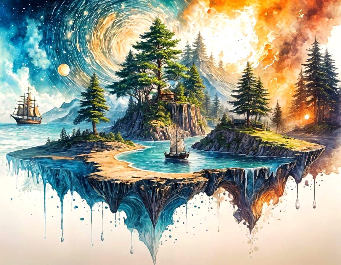 Hand Drawing Island Scene with Ships and Spiral Sky