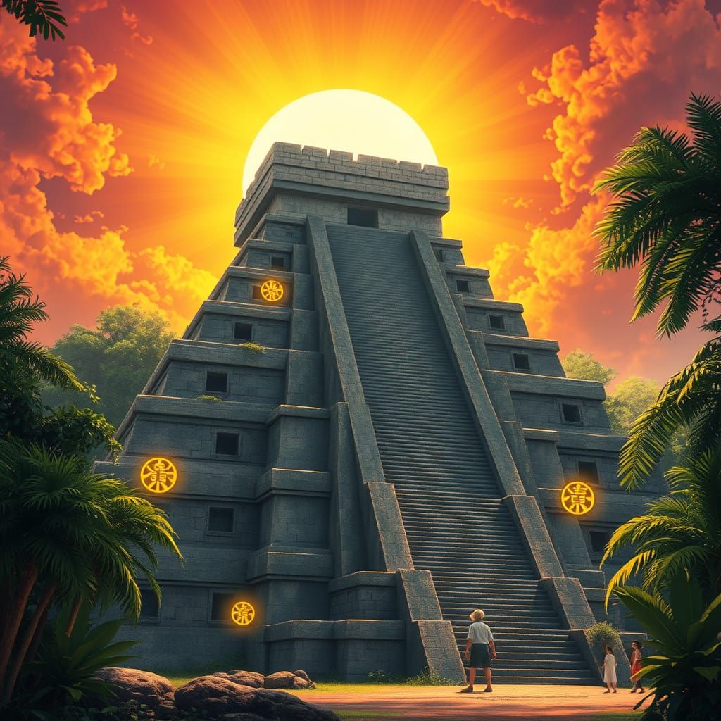 Majestic Mesoamerican Pyramid in Vibrant Jungle Setting