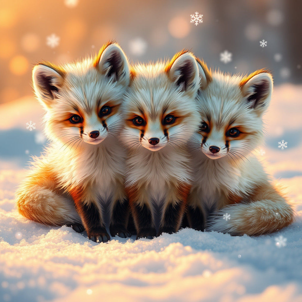 Fluffy Snow Foxes Portrait in Art Nouveau Style