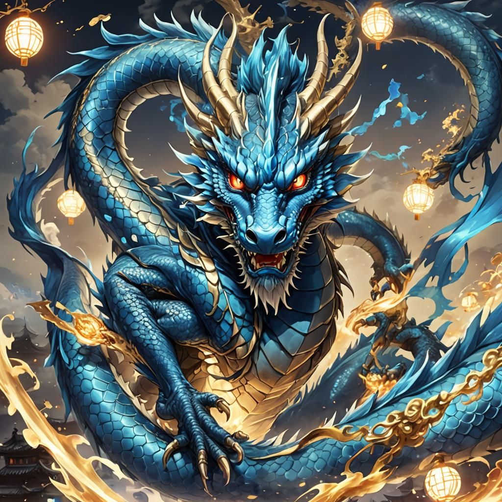 Chinese Blue Dragon in Anime Style