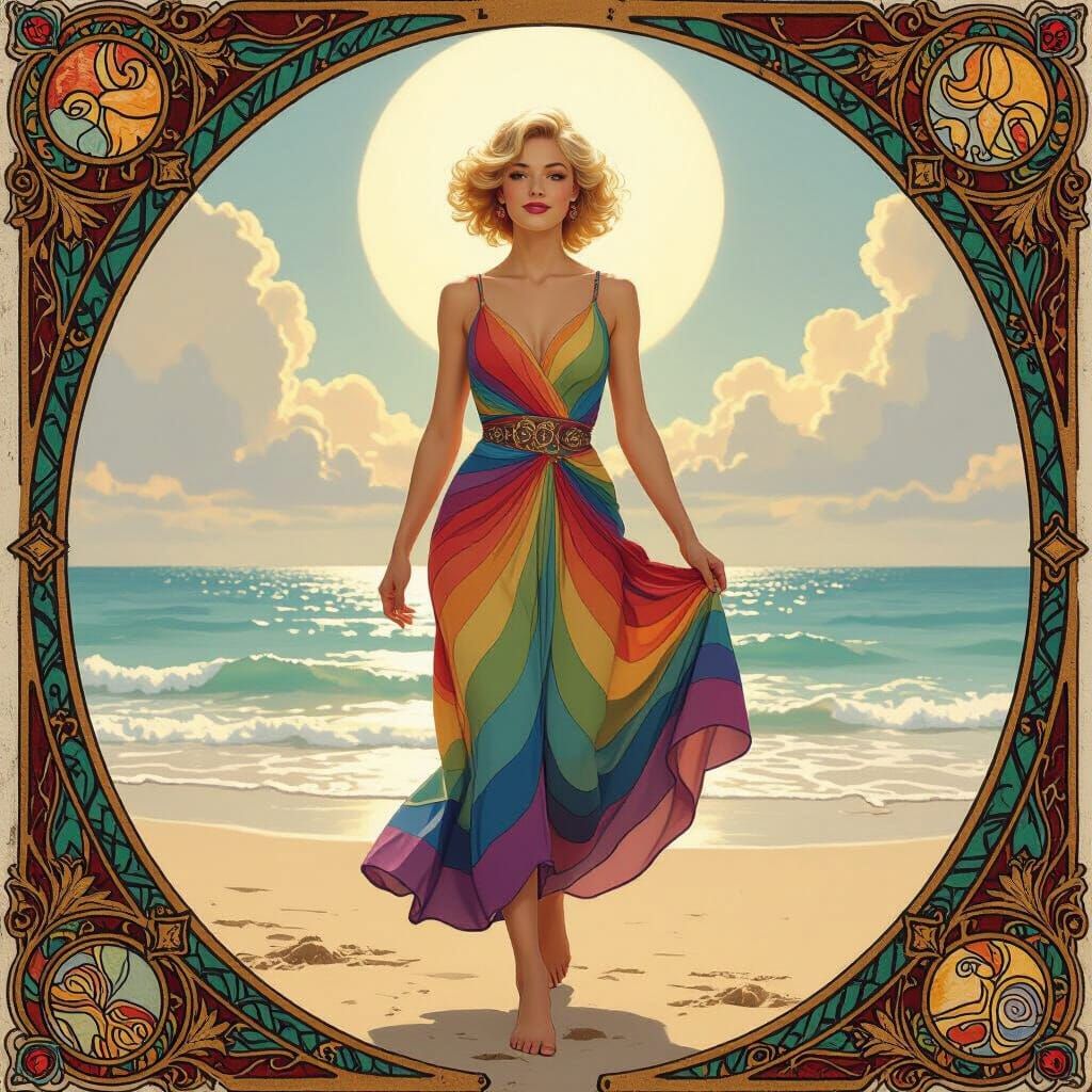 Elegant Woman on Beach in Hyperrealistic Style