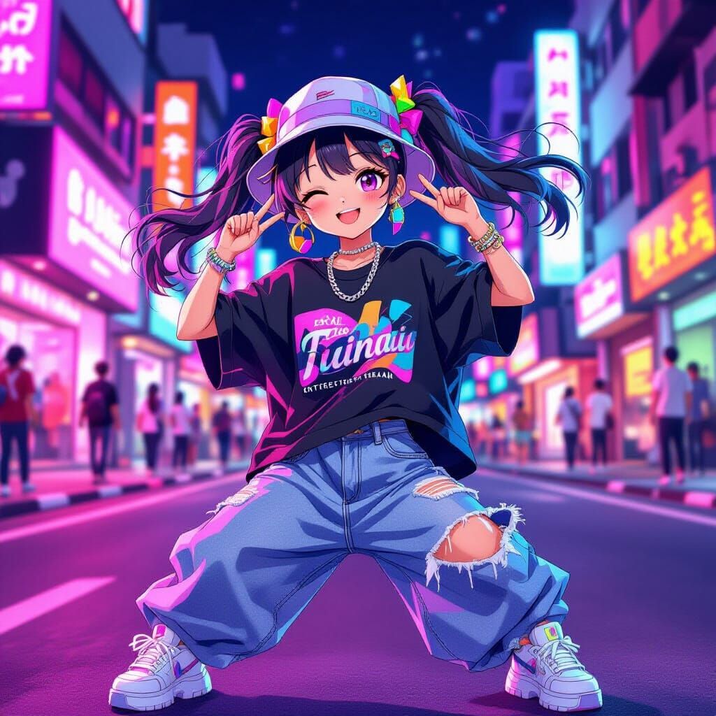 Anime Girl Dancing in Neon Jakarta Streetwear