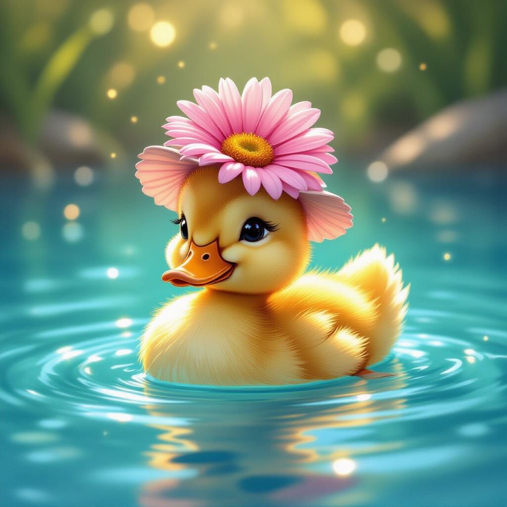 Cute Duckling in Daisy Hat with Golden Light