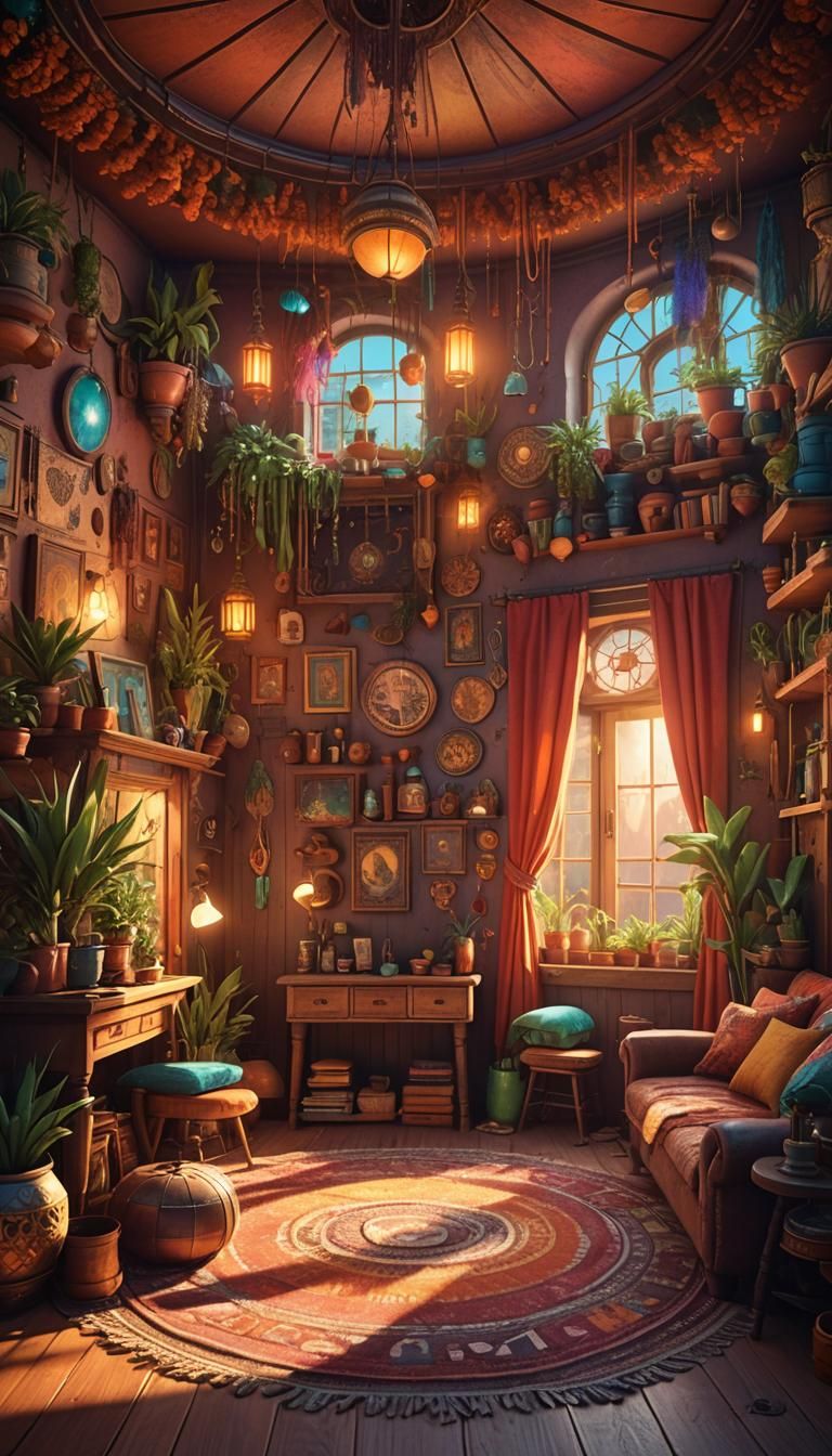 Vibrant Bohemian Room Interior in Pixar Style