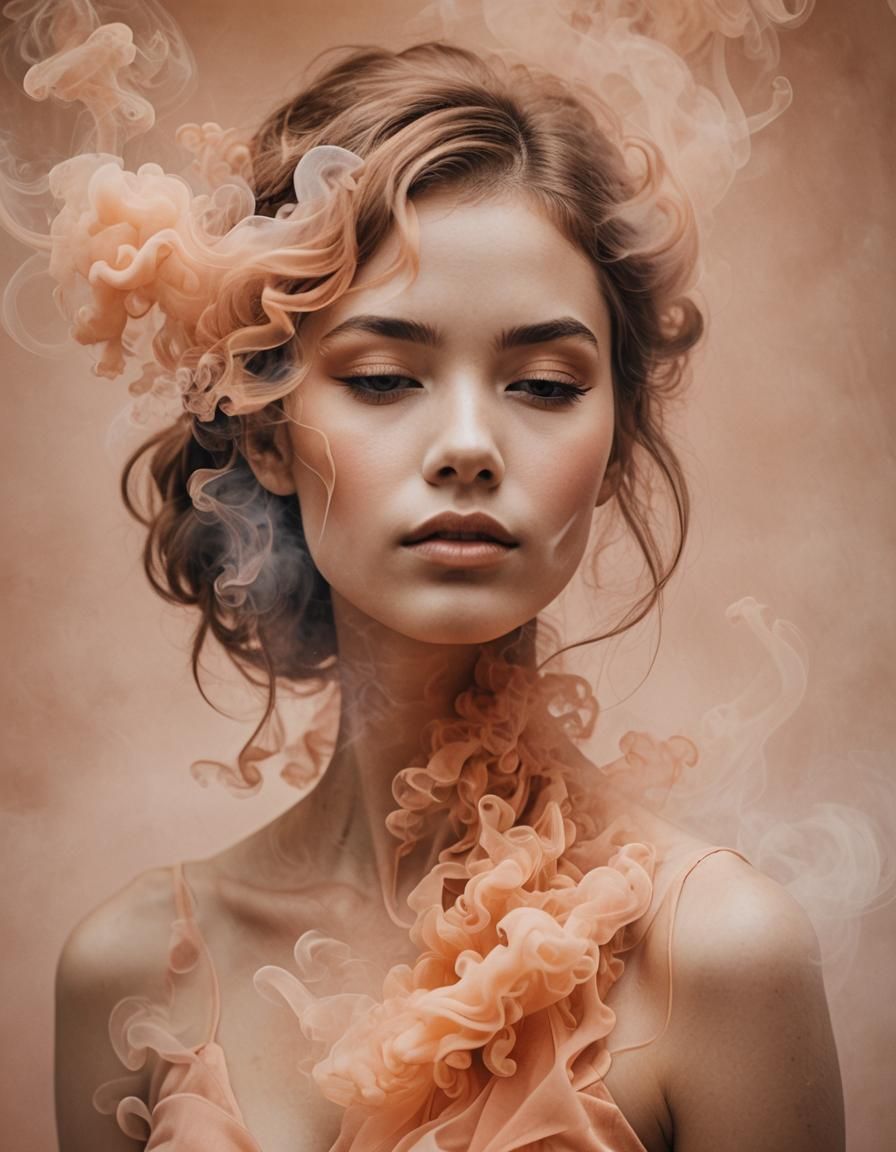 Ethereal Woman Portrait in Peach Smoke