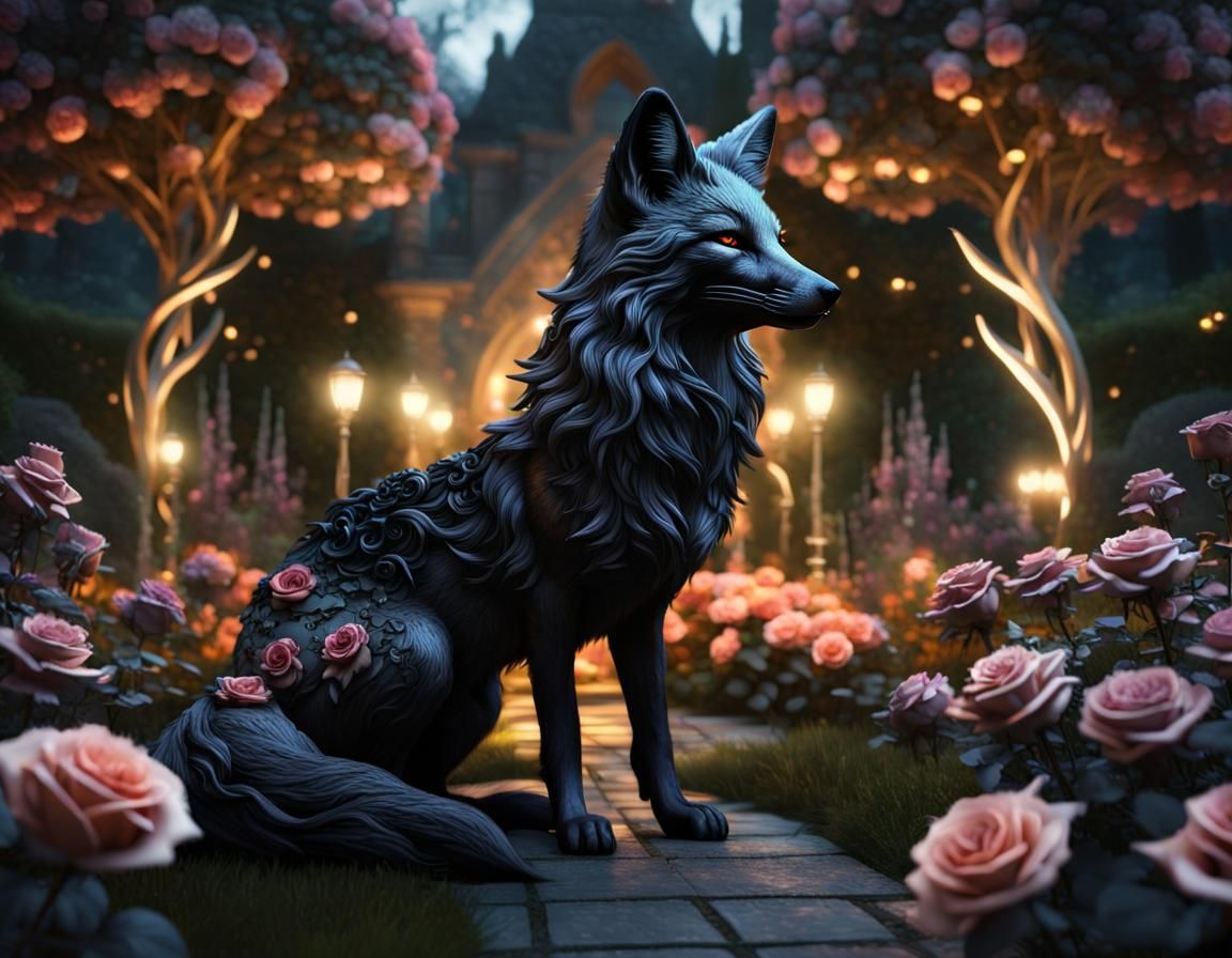 Black fox in the roses