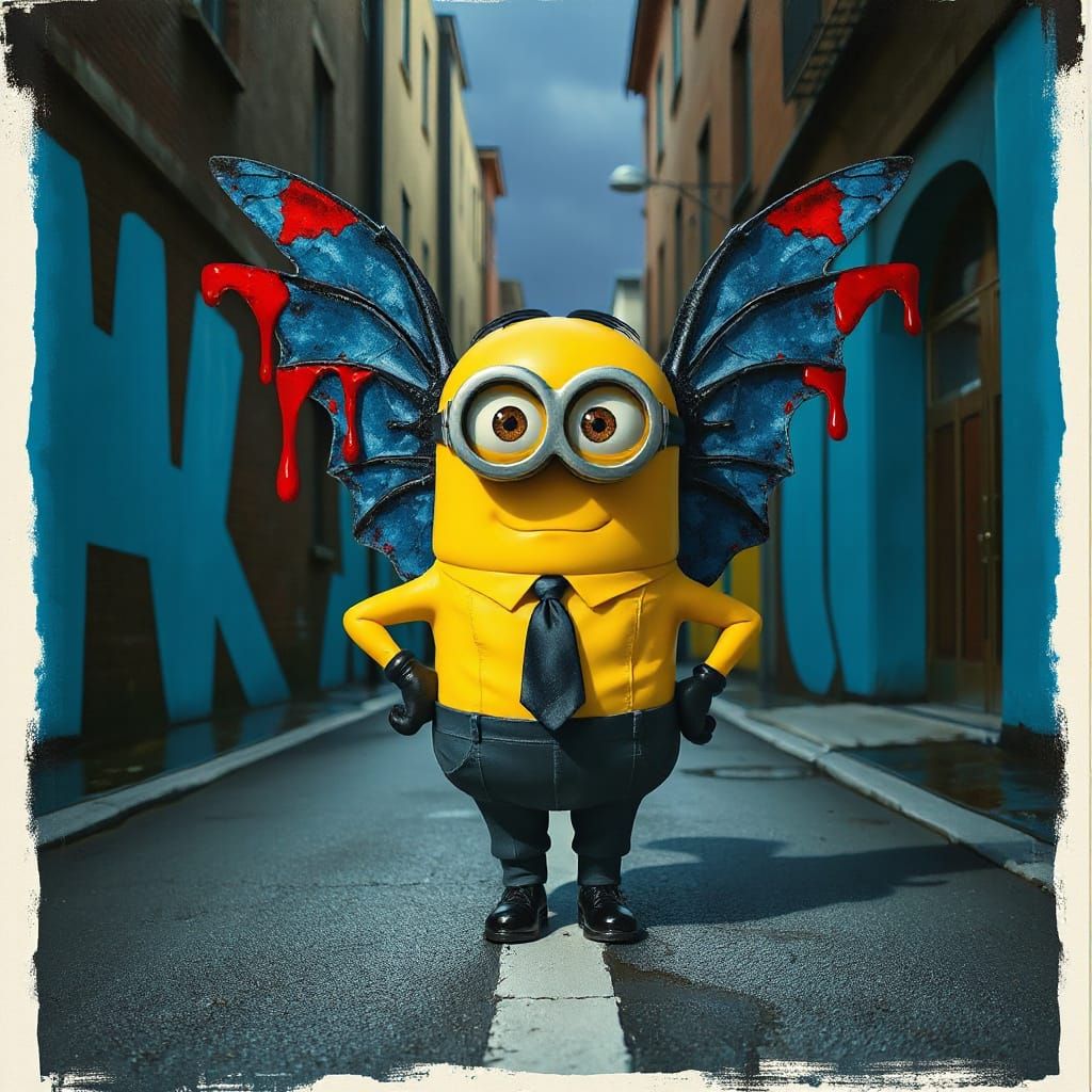 Minion in Surreal Cityscape with Dripping Accents
