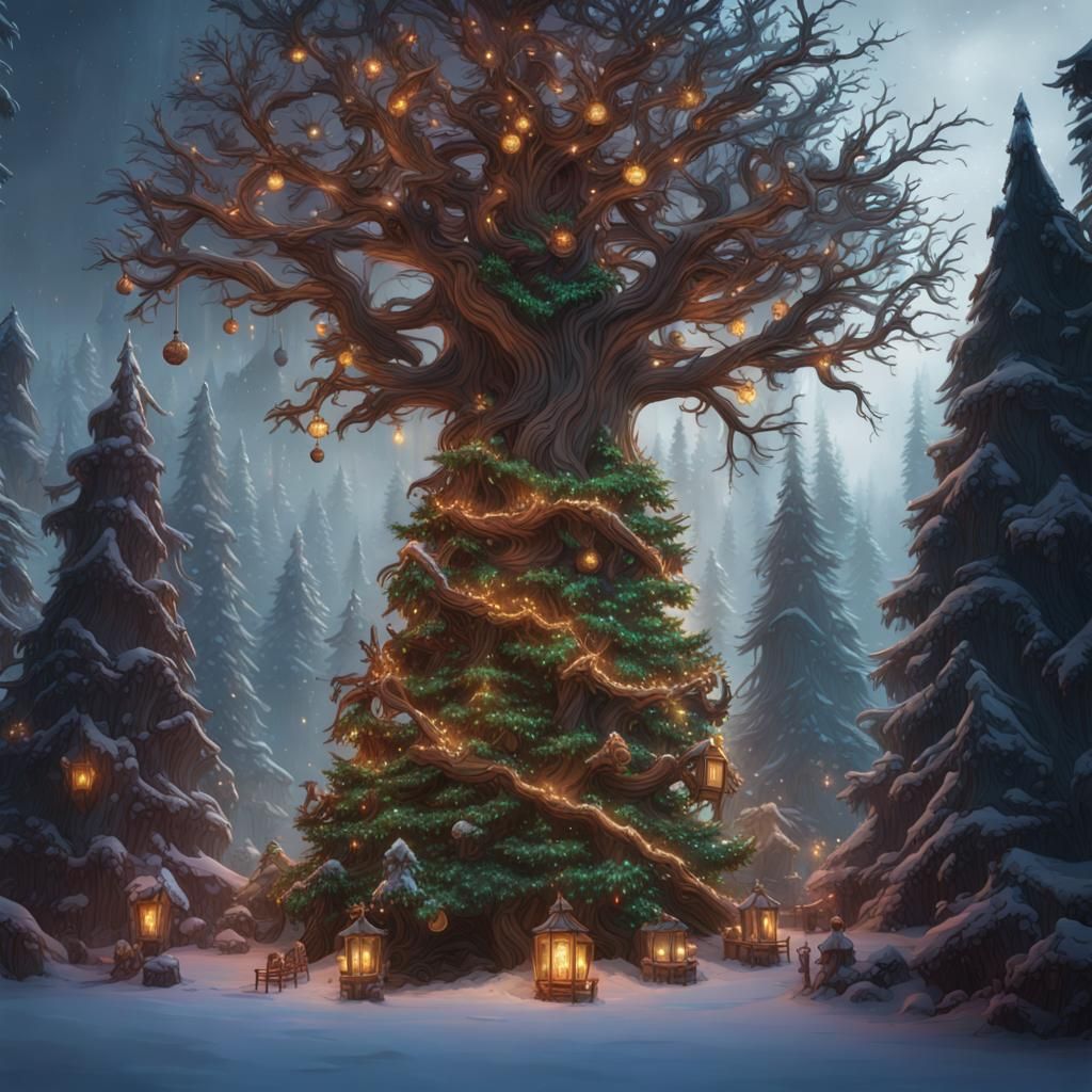 Festive Treant Christmas Tree: Digital Matte Painting