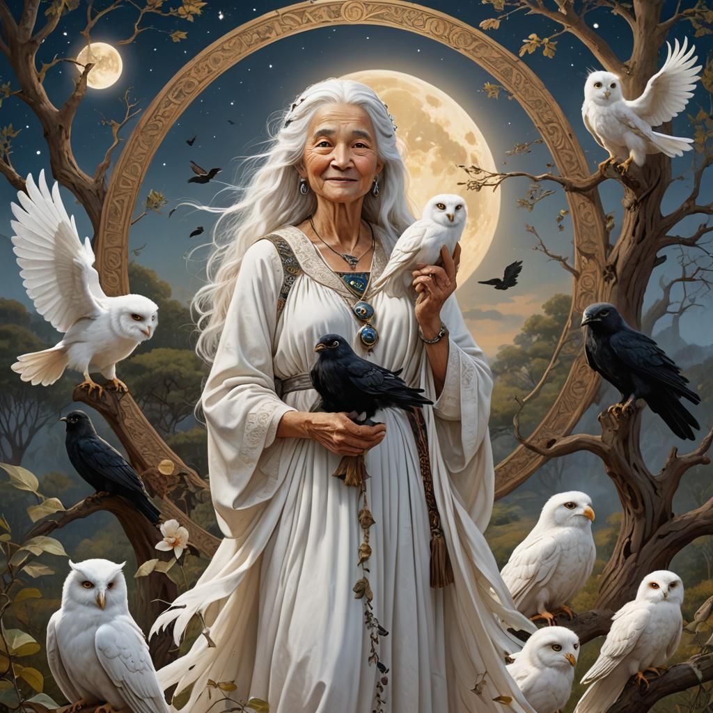 Old Woman With Raven in Natural Setting as Oil Painting