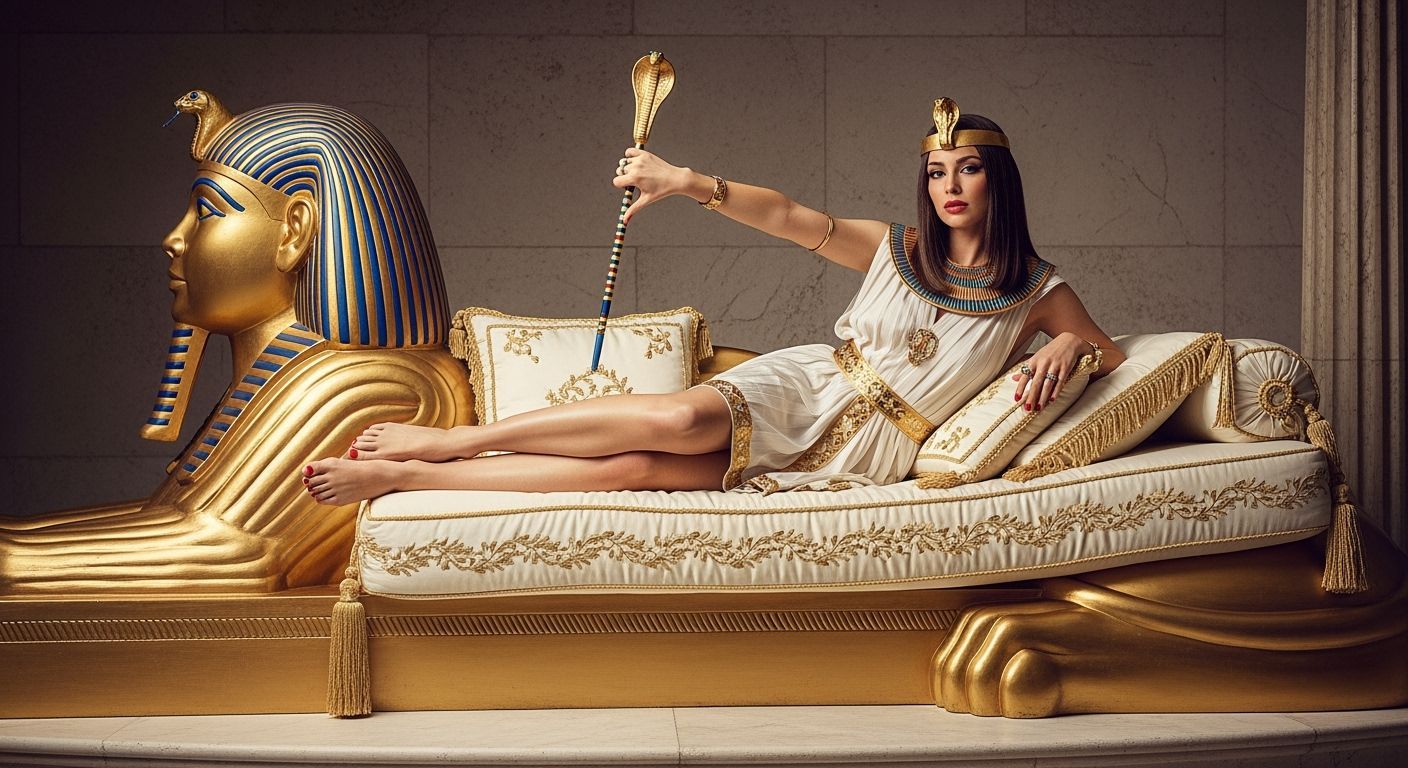 Egyptian Queen on Golden Sphinx Chaise Lounge