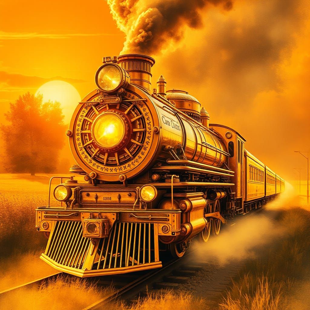 Golden Steampunk Train at Sunset in Watercolor Style
