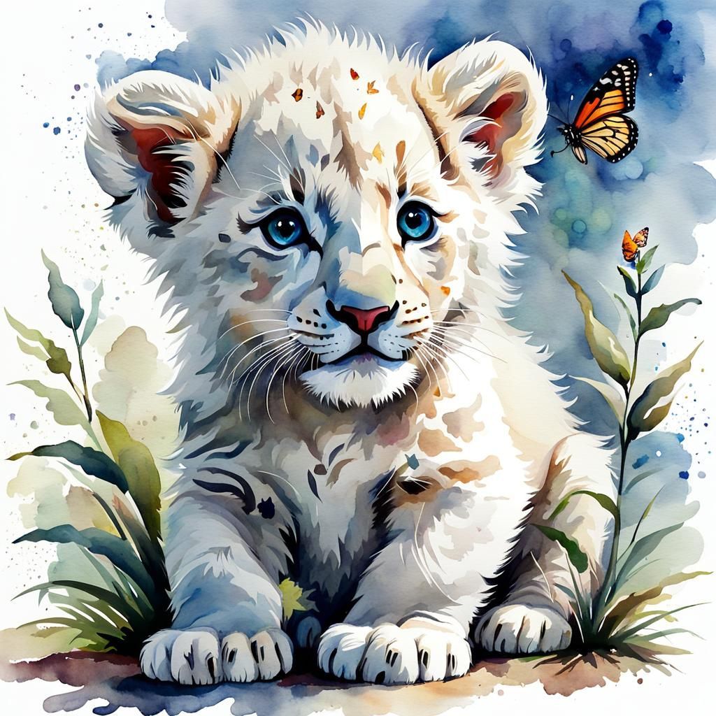 White Lion Cub with Butterfly, Watercolor Style
