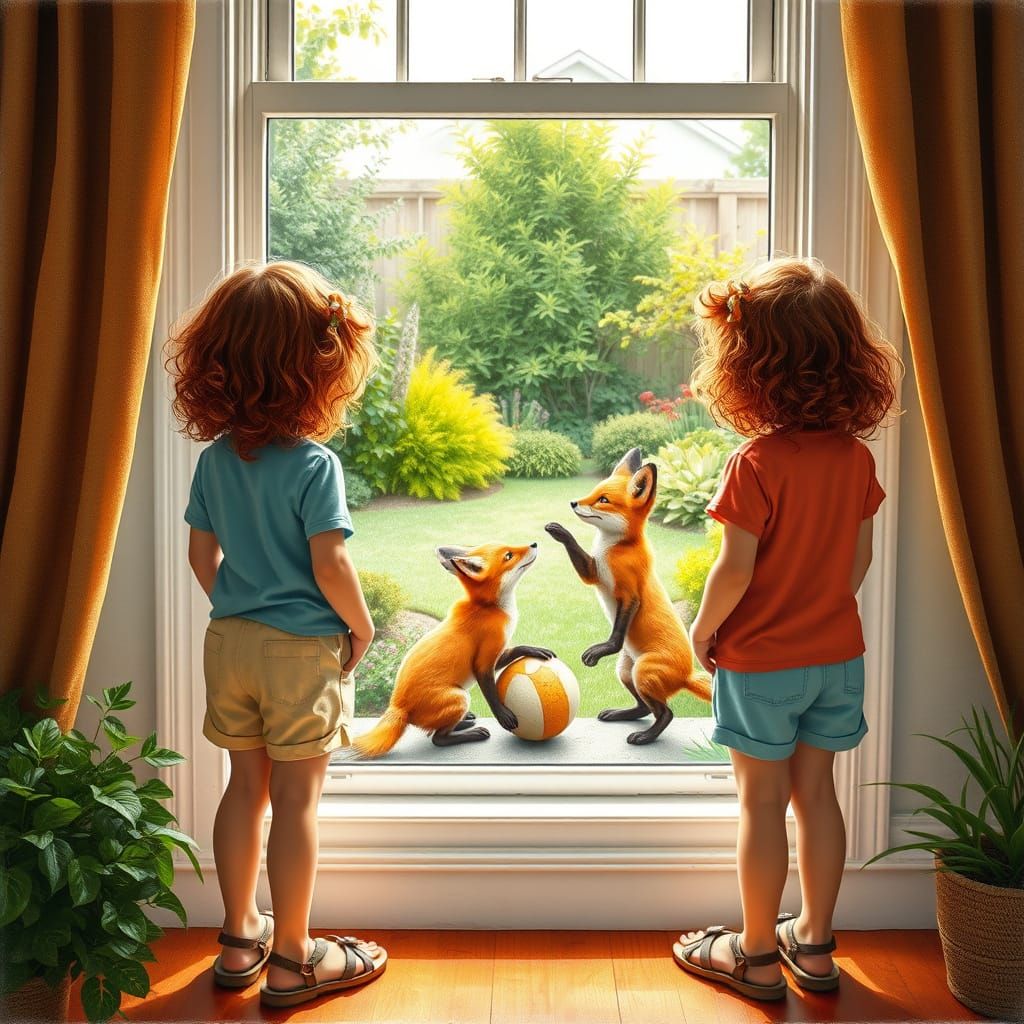 Girls Watch Foxes in Whimsical Garden Art